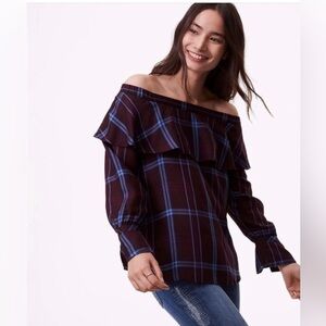 LOFT Off the Shoulder Plaid Blouse Size Medium in Plum